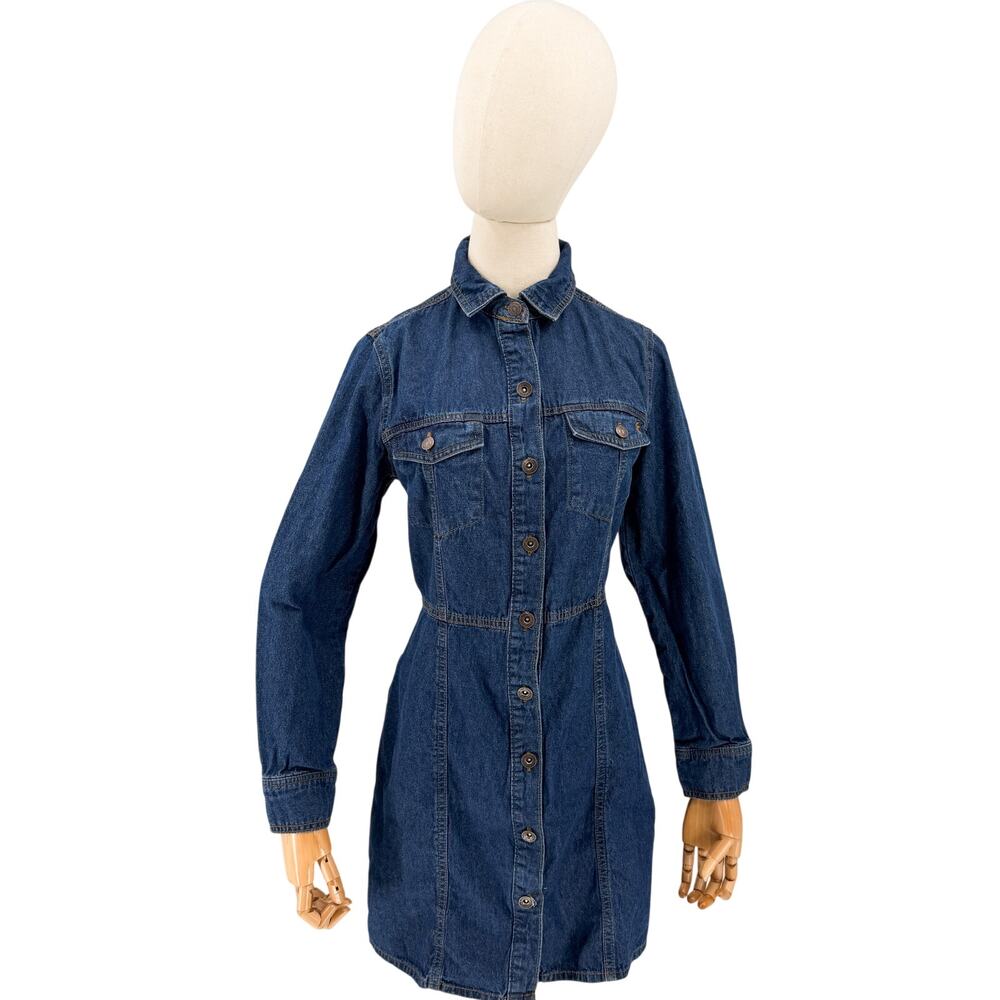 Frye Blue 100% Cotton Button Front Pocket Denim Mini Shirt Dress